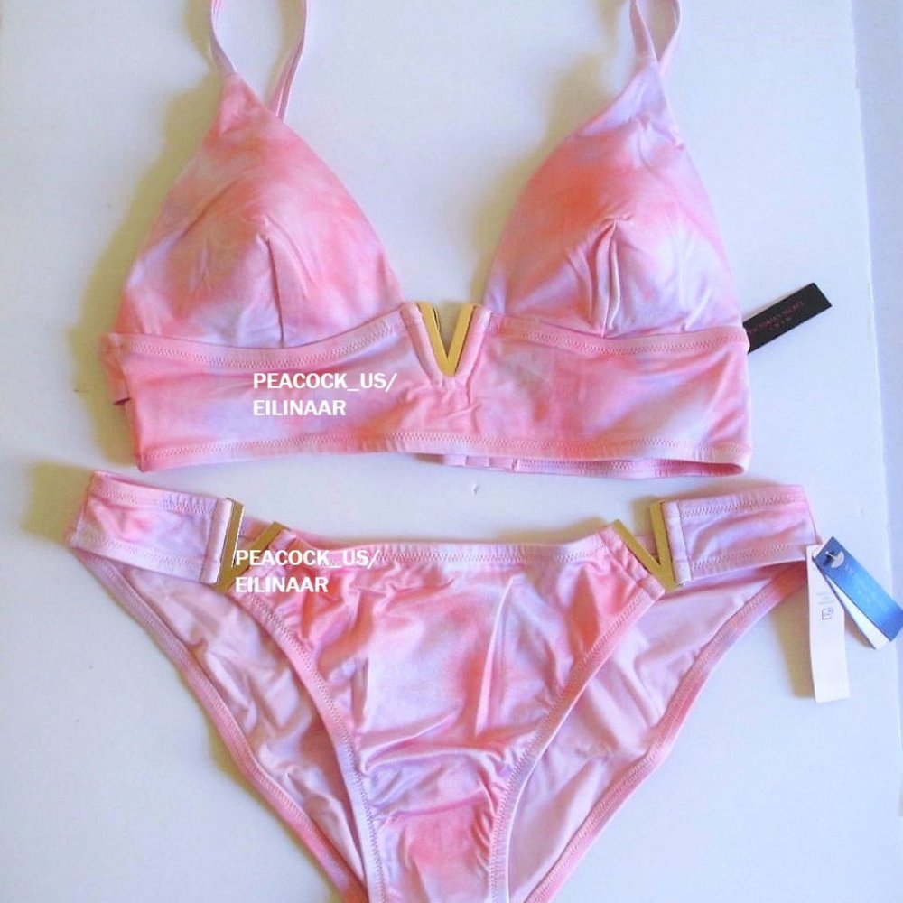 L/L Victoria Secret Swim V-Hardware Strappy Top Cheeky Bikini Set Pink Tie Dye